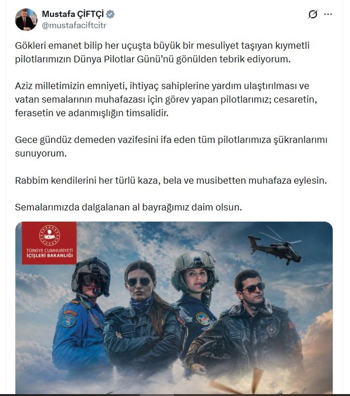 Bakan Çiftçi\'den Dünya Pilotlar Günü Kutlaması