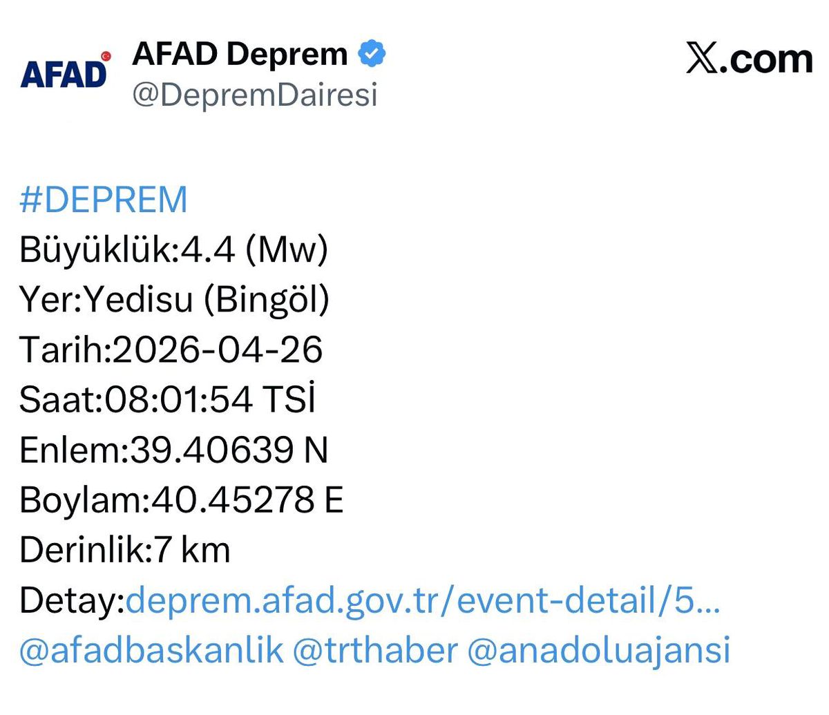 Bingöl\'de 4.4 Büyüklüğünde Deprem