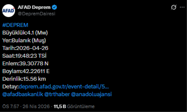 Muş'ta 4.1 büyüklüğünde deprem