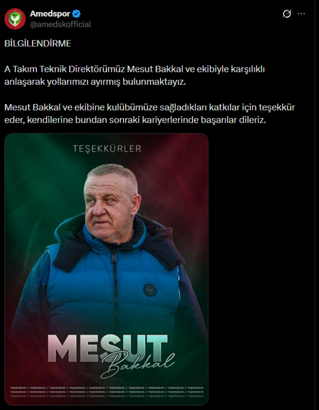 Amedspor, Mesut Bakkal ile yollarını ayırdı