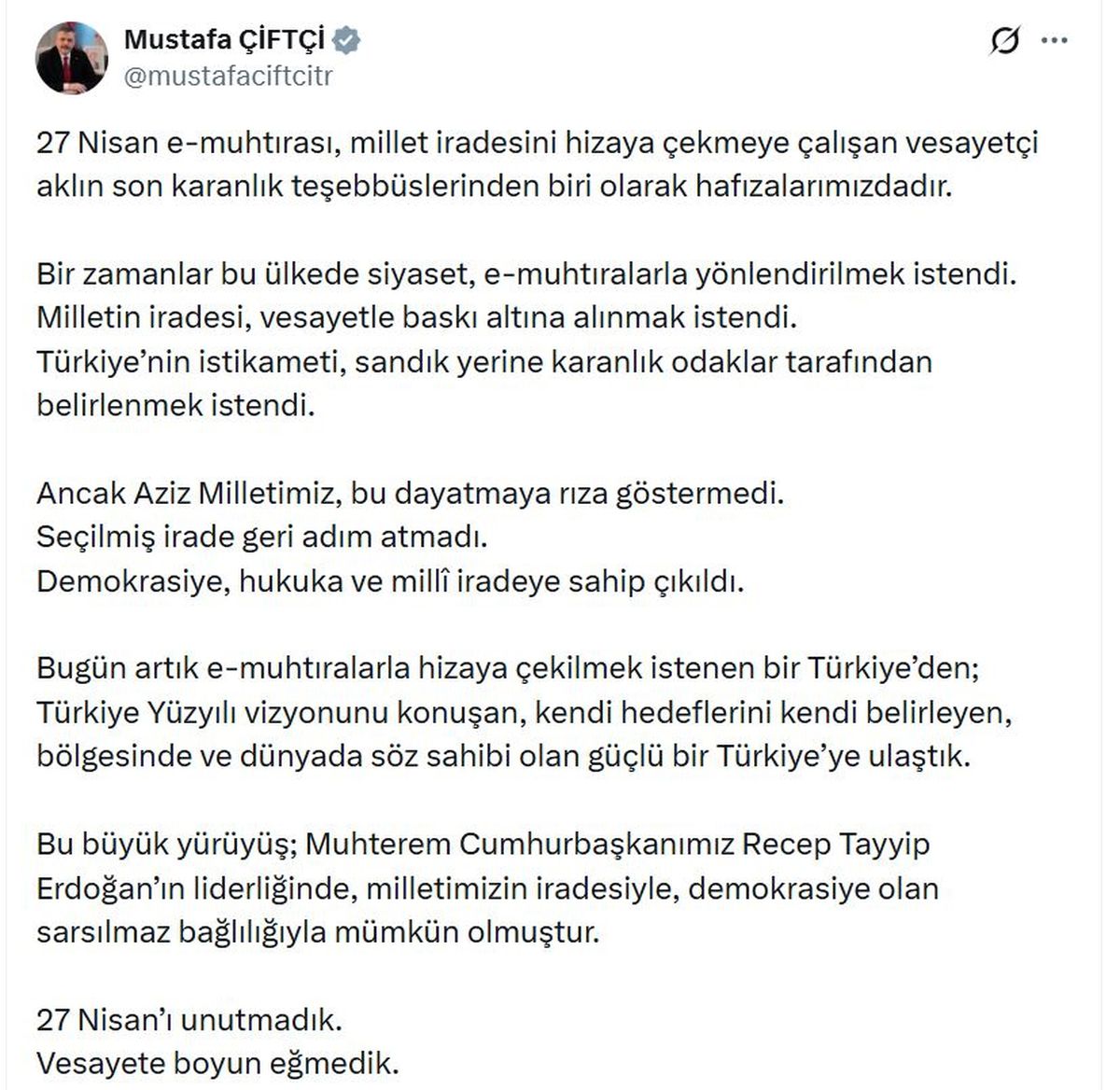 Bakan Çiftçi\'den \'27 Nisan e-muhtıra\' mesajı