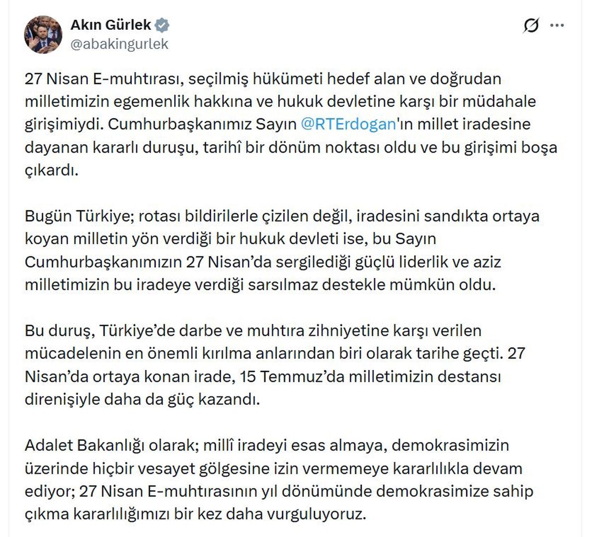 Bakan Gürlek\'ten \'27 Nisan e-muhtıra\' mesajı