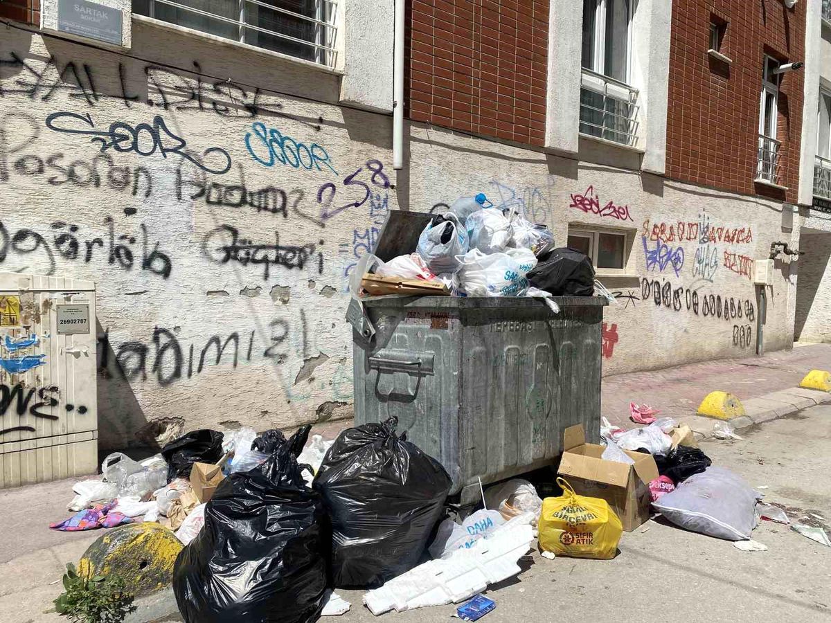 Güllük Mahallesinde yetersiz çöp konteynırı sebebiyle çöpler yollara taştı