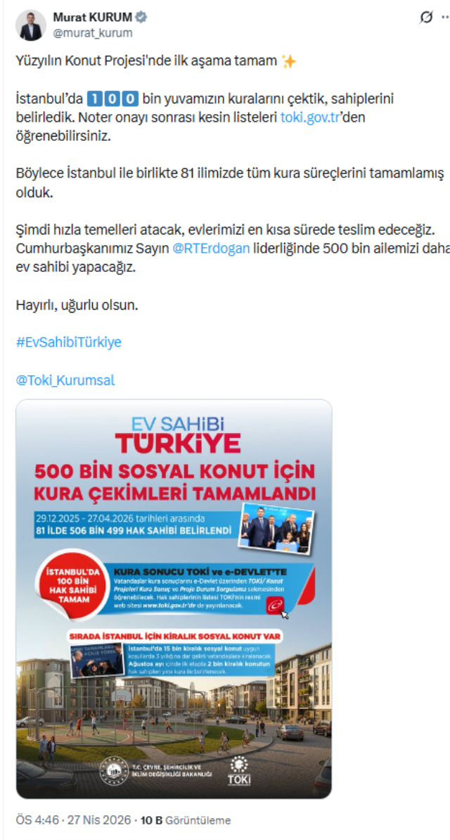 Yüzyılın Konut Projesi'nde kura süreci tamamlandı! İstanbul'a 100 bin konut