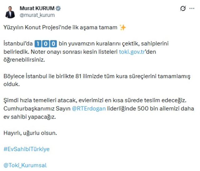 İstanbul'da 100 bin konut kura çekimi tamamlandı