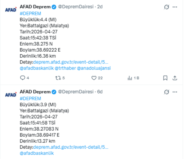 Malatya'da 5 dakika arayla iki deprem