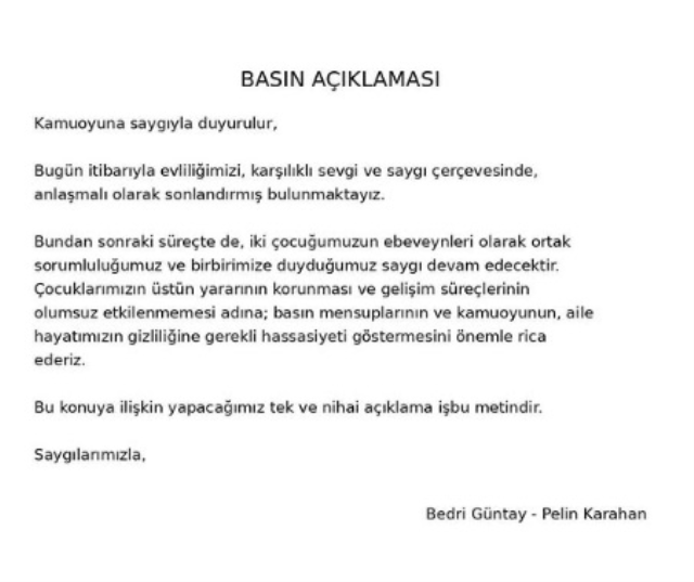 Pelin Karahan ve Bedri Güntay boşandı