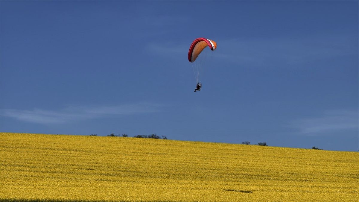 Kanola tarlaları üzerinde paramotor uçuşu