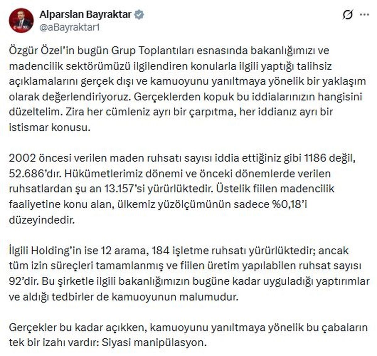 Bakan Bayraktar\'dan Özgür Özel\'e Sert Yanıt