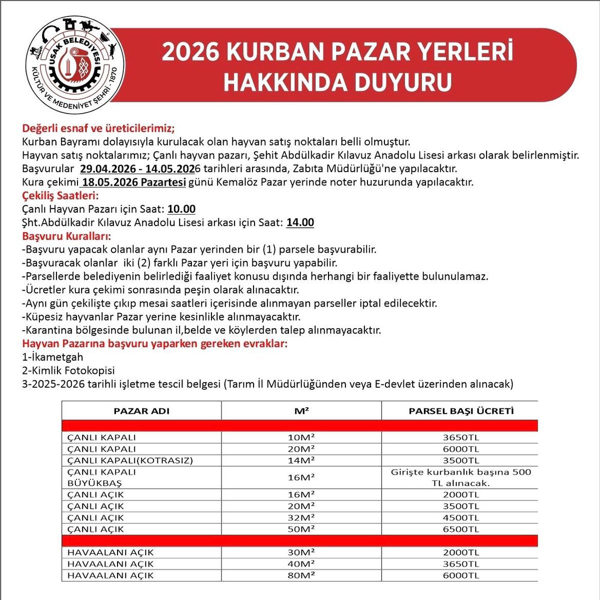 Uşak\'ta kurban satış yerleri belli oldu
