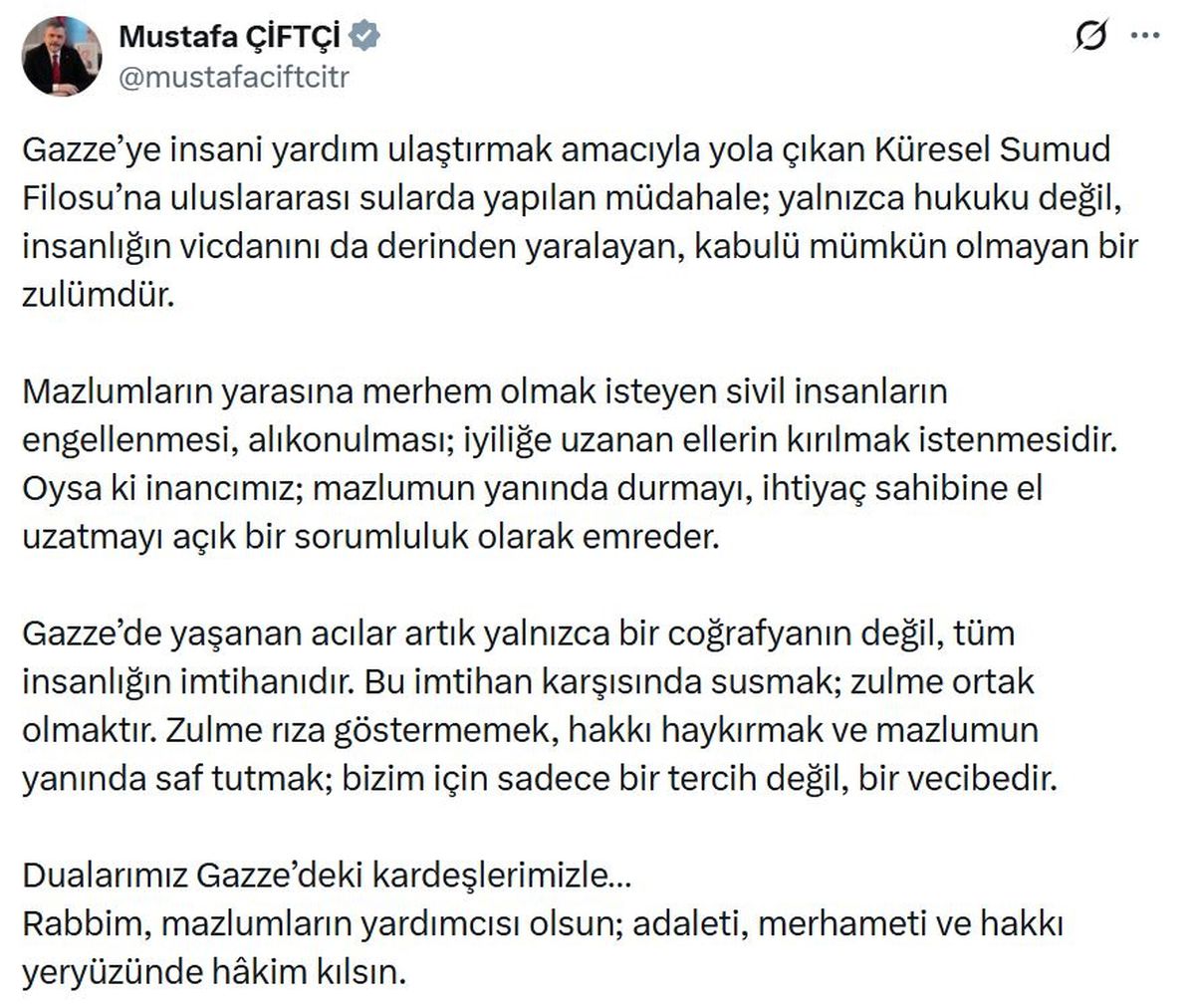 Bakan Çiftçi: Gazze\'ye Müdahale Zulümdür