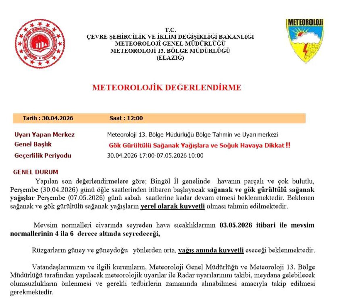 Bingöl için Sağanak Yağış Uyarısı