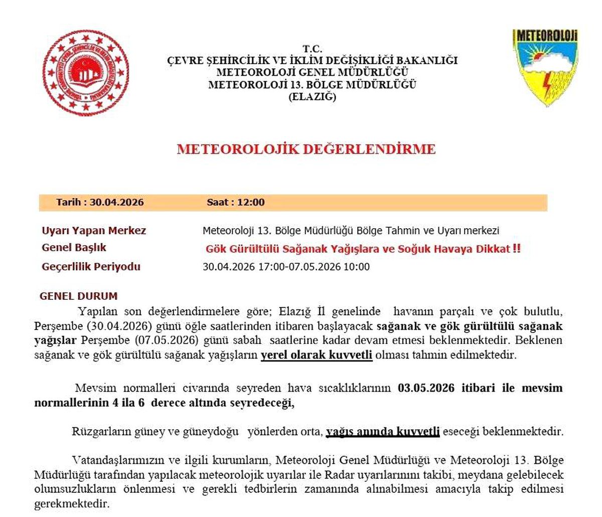 Elazığ\'a Sağanak Yağış Uyarısı