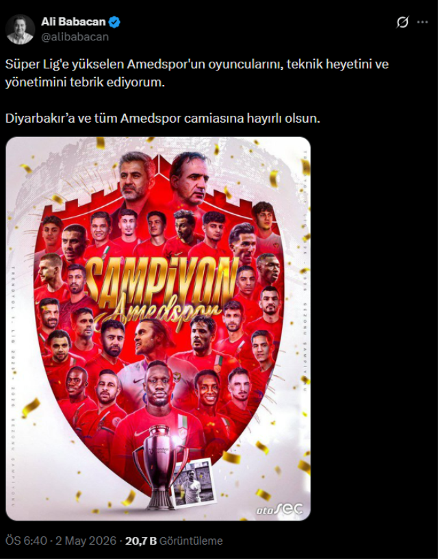 Ali Babacan'dan Amedspor'a tebrik