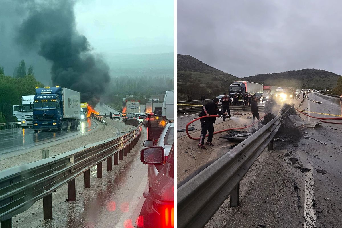 Bariyerlere çarparak yanan otomobilin sürücüsü feci şekilde can verdi