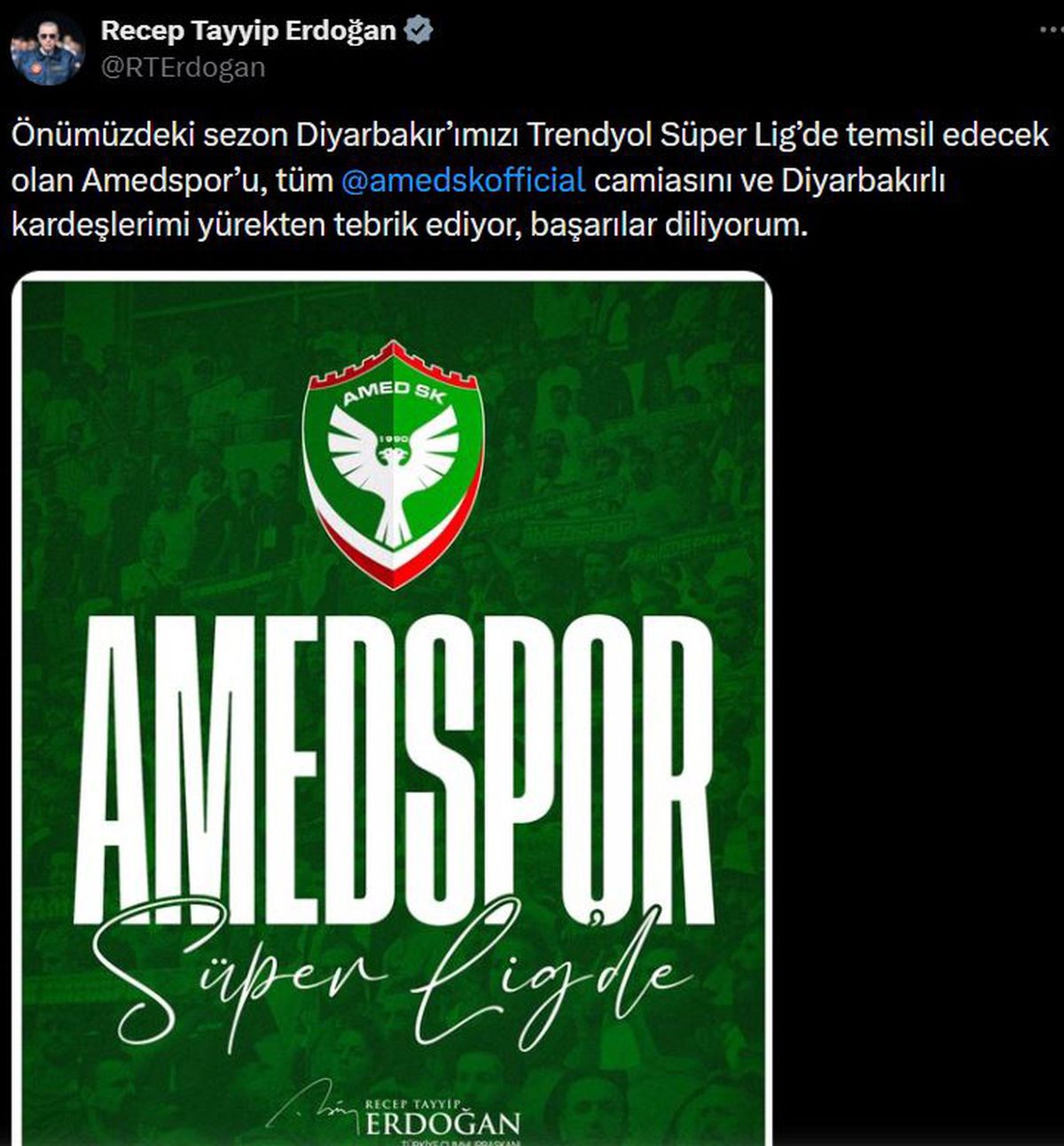 Cumhurbaşkanı Erdoğan\'dan Amedspor\'a tebrik mesajı