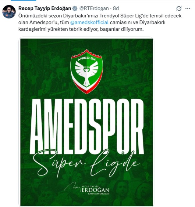 Cumhurbaşkanı Erdoğan'dan Amedspor'a tebrik mesajı