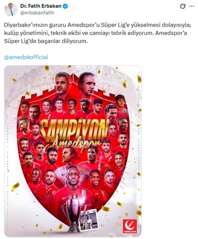 Fatih Erbakan, Süper Lig'e yükselen Amedspor'u kutladı
