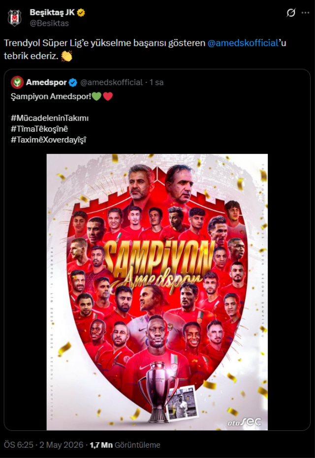 Süper Lig'e çıkan Amedspor'a Süper Lig devlerinden peş peşe tebrikler 
