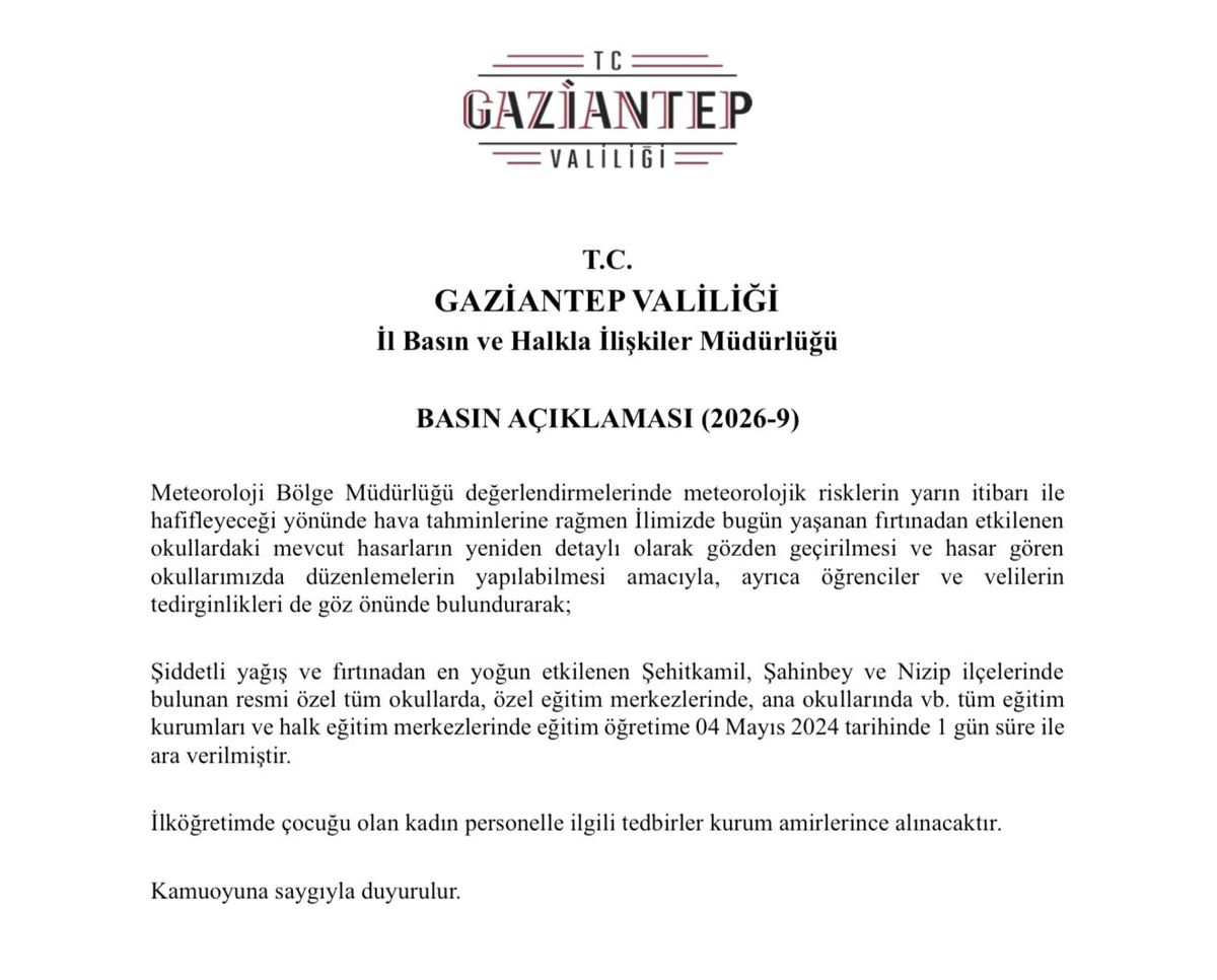 Gaziantep\'te fırtına sonrası okullar tatil edildi