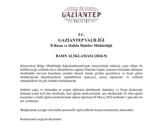Gaziantep’te fırtına sonrası okullar tatil edildi