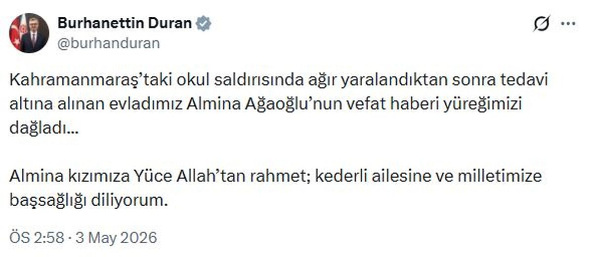 Almina Ağaoğlu için başsağlığı mesajı