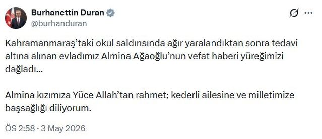 Almina Ağaoğlu için başsağlığı mesajı