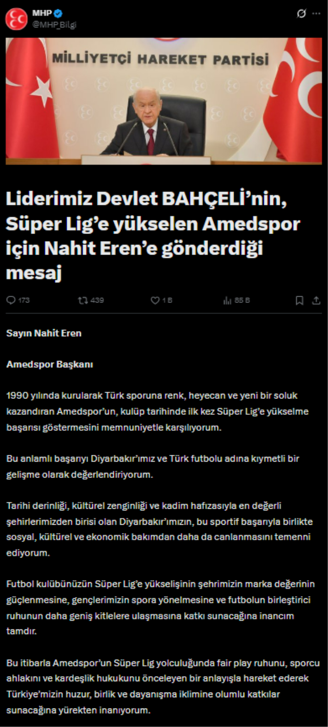 MHP lideri Bahçeli'den Amedspor Başkanı Nahit Eren’e tebrik mesajı 