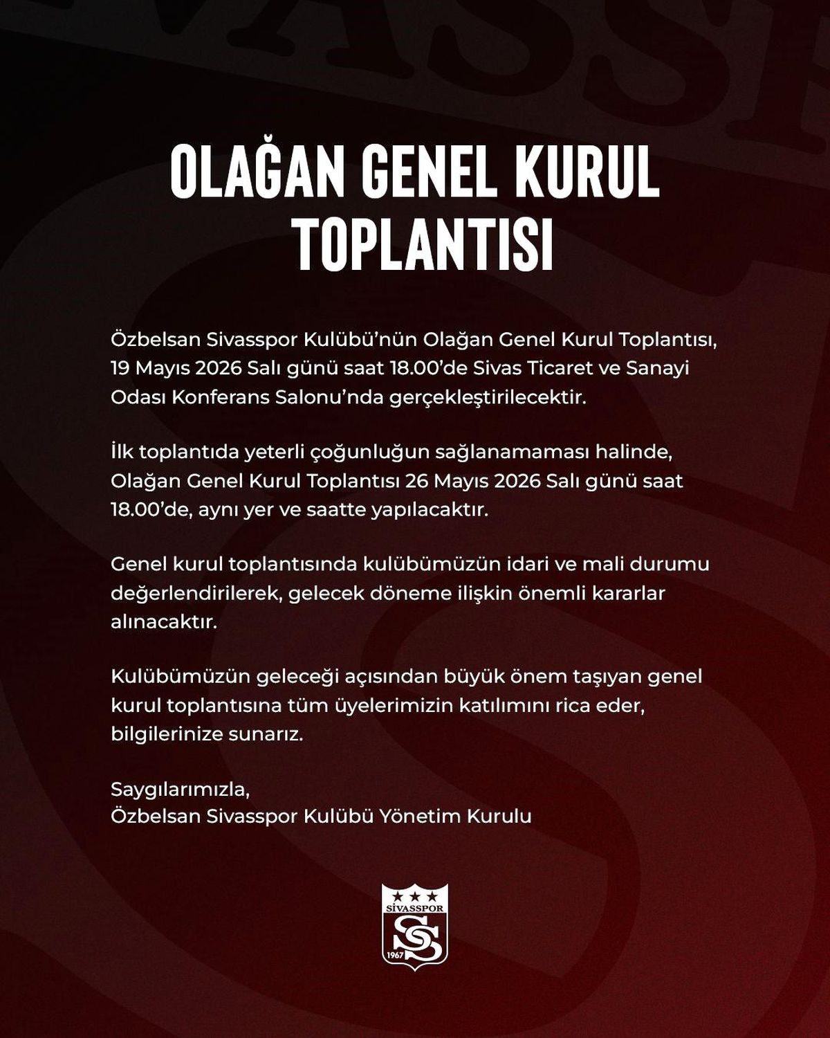 Sivasspor Genel Kurulu 19 Mayıs\'ta