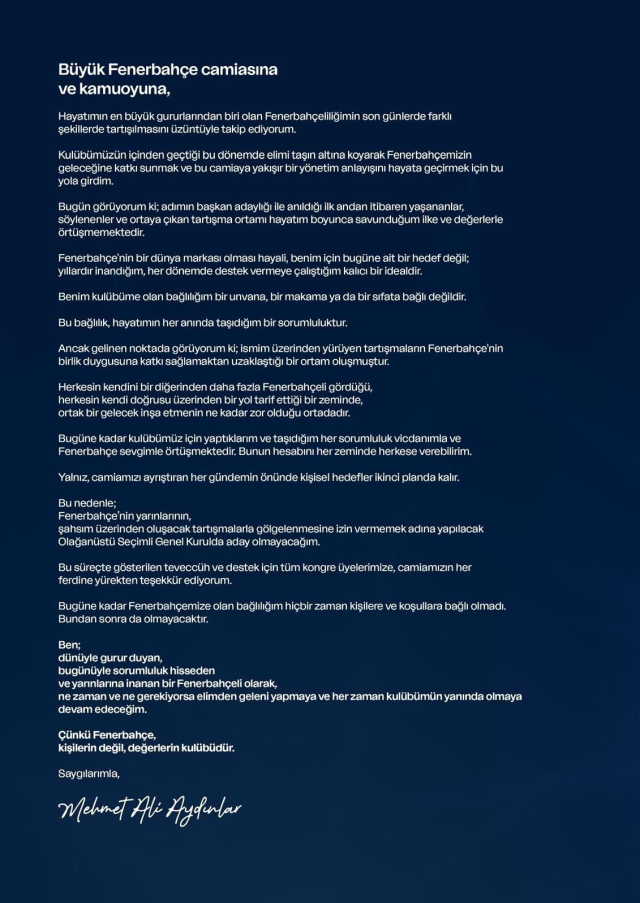 Mehmet Ali Aydınlar'ın başkan adaylığından vazgeçme sebebi dikkat çekti