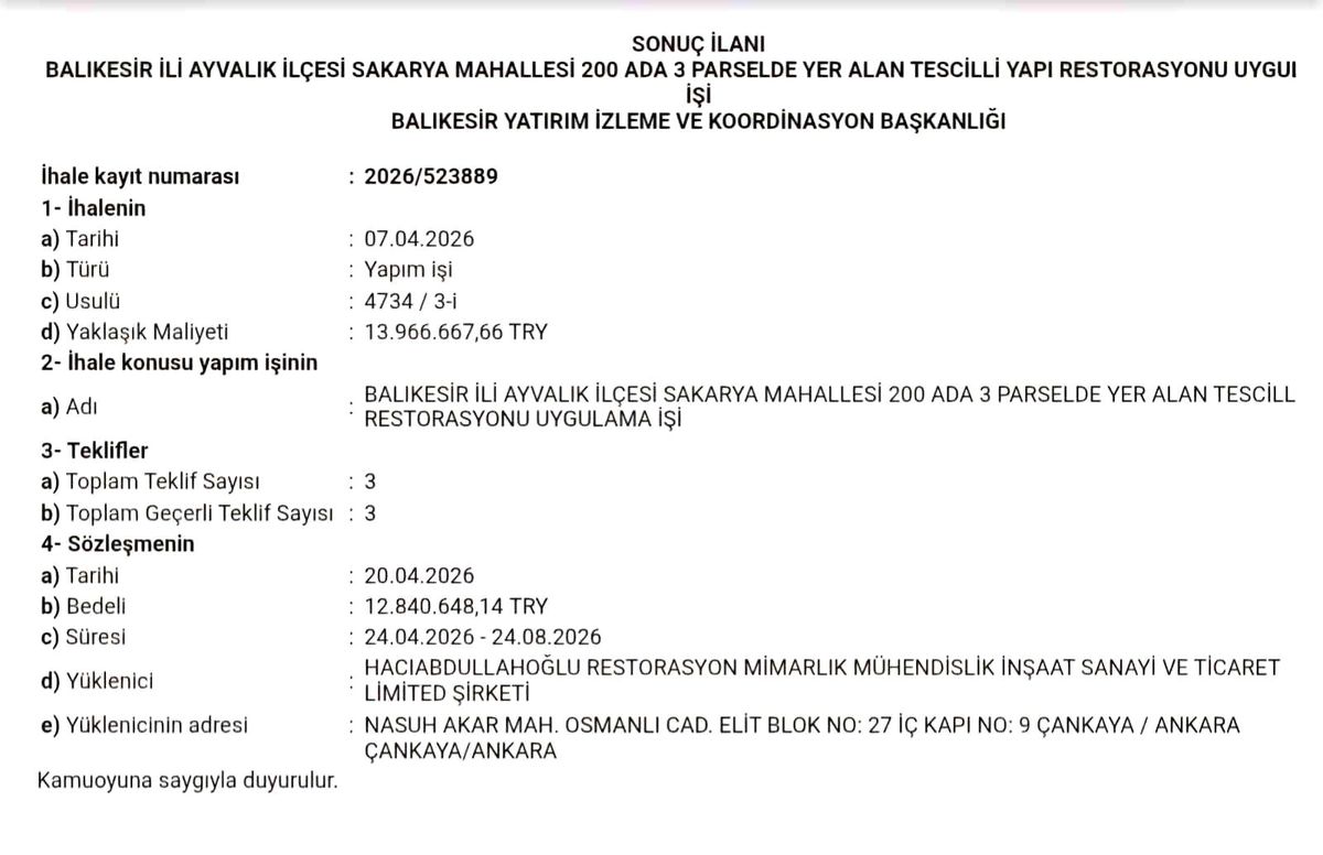 Ayvalık\'taki Kaymakamlık Binası Restorasyon İhalesi Tamamlandı