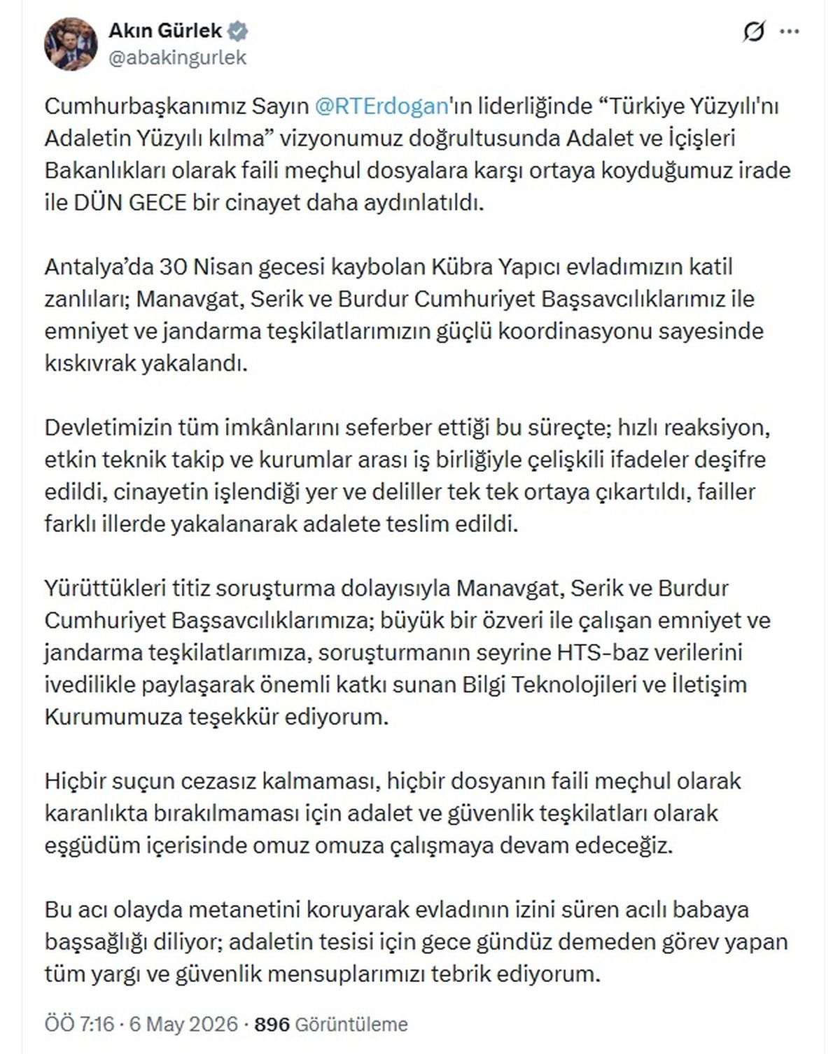 Bakan Gürlek: Kübra Yapıcı\'nın katil zanlıları yakalandı