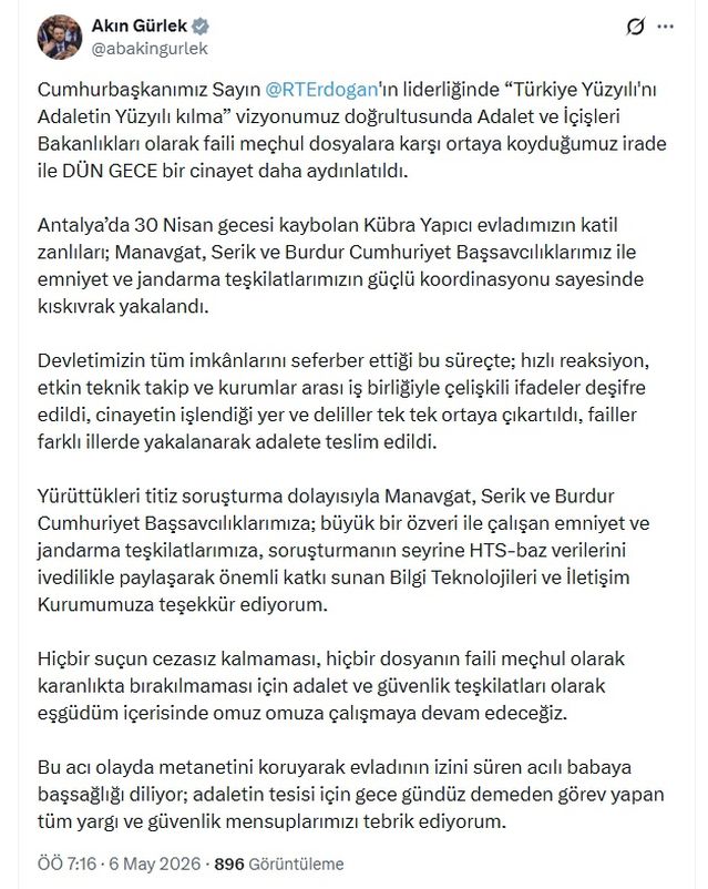 Bakan Gürlek: Kübra Yapıcı’nın katil zanlıları yakalandı