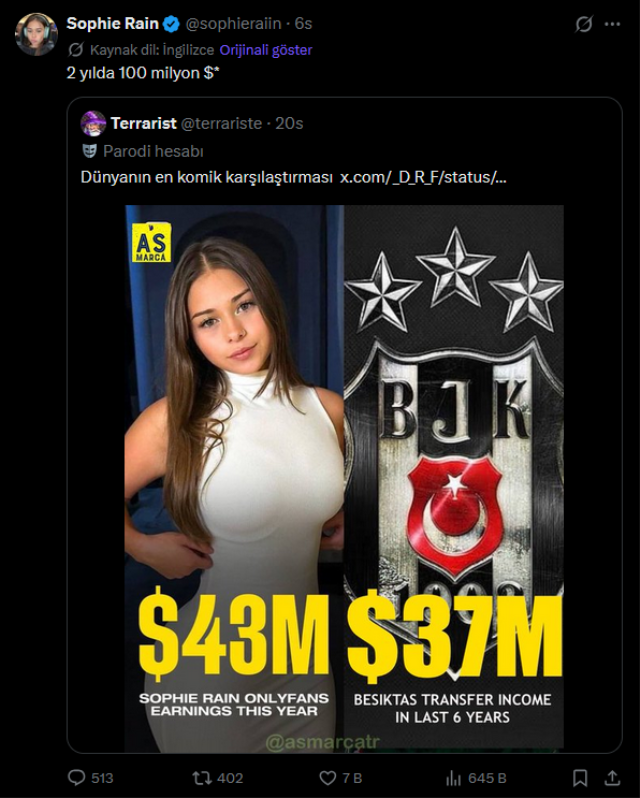 Yetişkin içerik üreticisinin Beşiktaş ile kıyaslandığı paylaşıma verdiği yanıt olay oldu