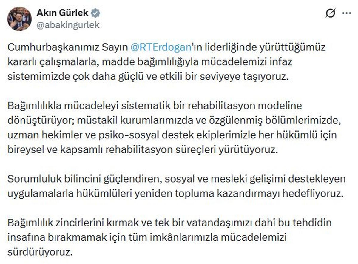 Adalet Bakanı Gürlek: Bağımlılıkla mücadeleyi sistemli bir şekilde yürütüyoruz