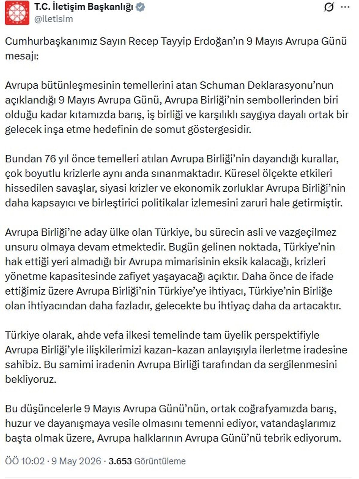 Cumhurbaşkanı Erdoğan\'dan 9 Mayıs Avrupa Günü Mesajı: AB\'den Samimi İrade Bekliyoruz