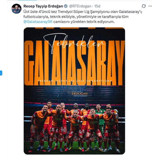 Cumhurbaşkanı Erdoğan'dan şampiyon Galatasaray'a tebrik