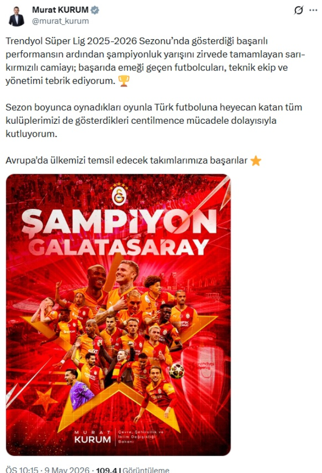 Cumhurbaşkanı Erdoğan'dan şampiyon Galatasaray'a tebrik