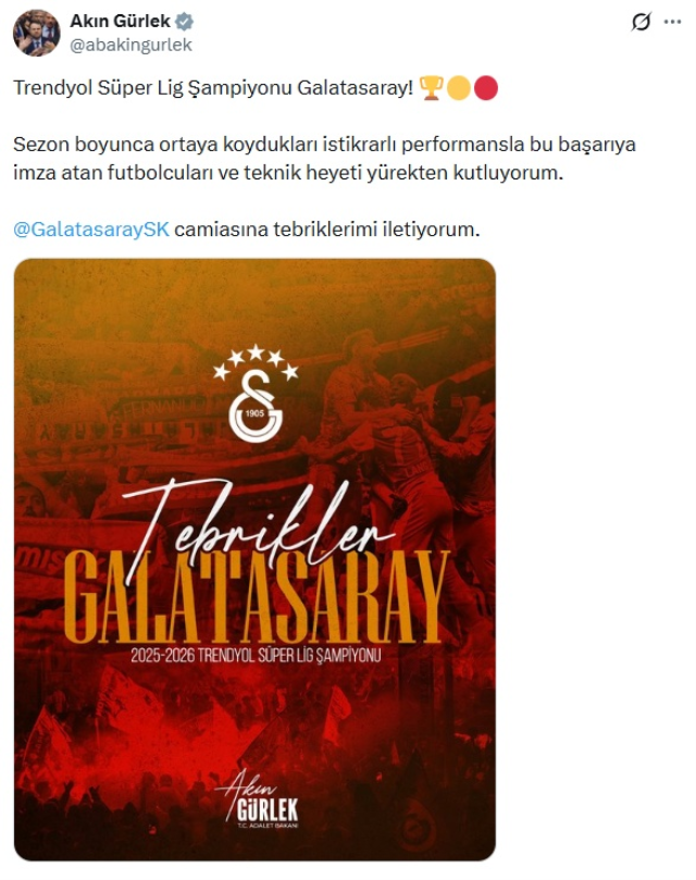 Cumhurbaşkanı Erdoğan'dan şampiyon Galatasaray'a tebrik