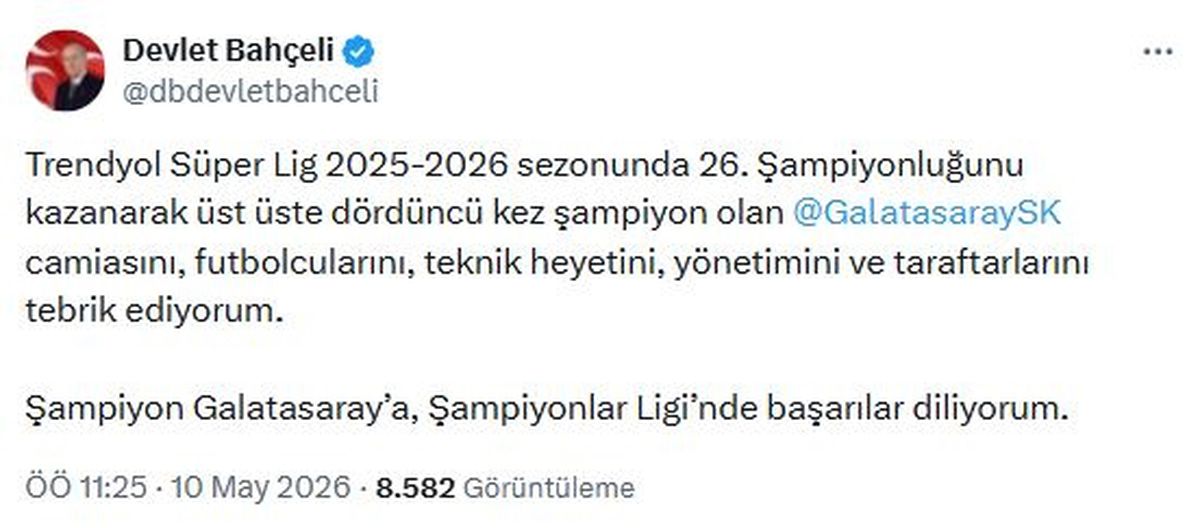 MHP Genel Başkanı Devlet Bahçeli, Galatasaray\'ı tebrik etti