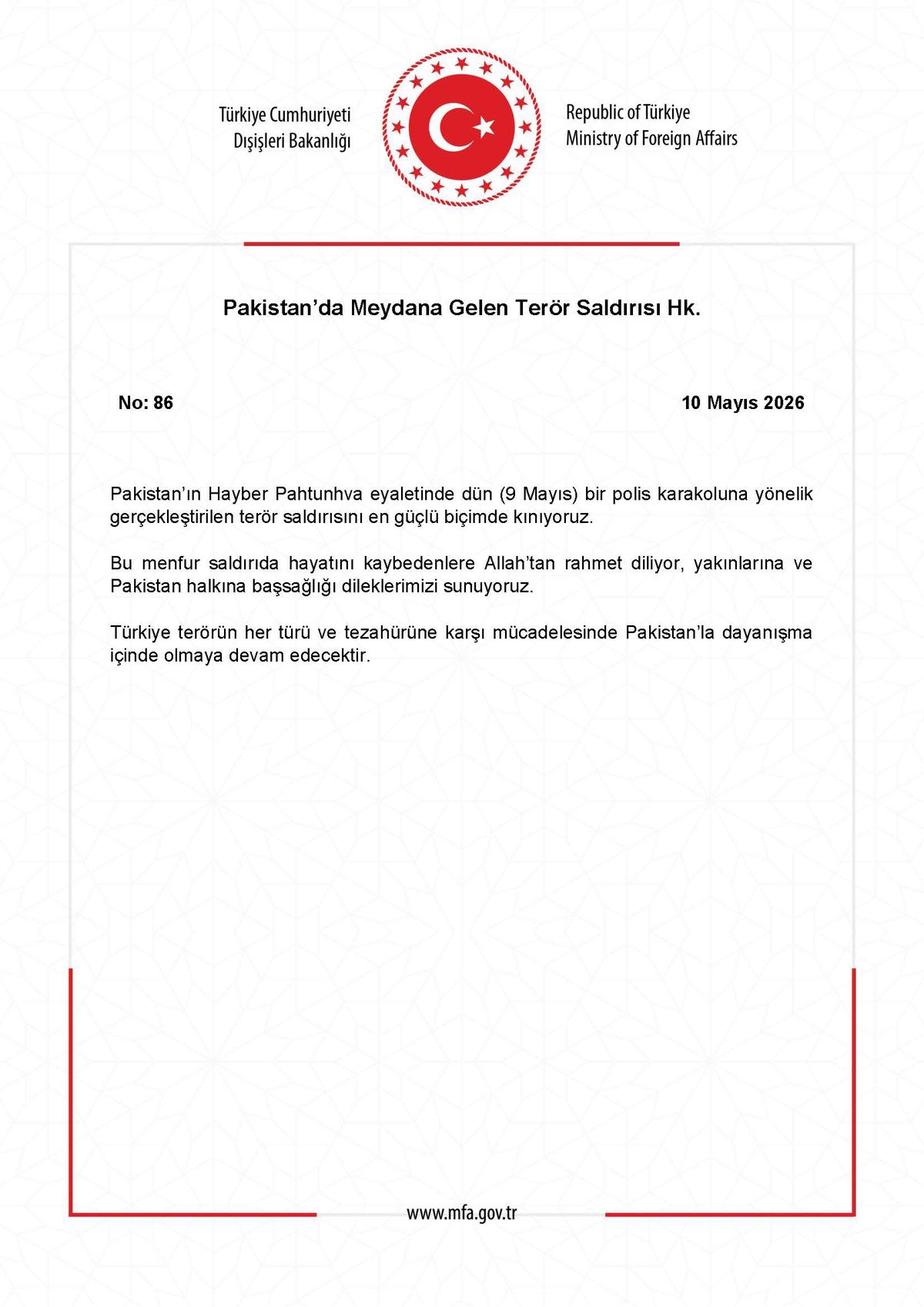 Türkiye\'den Pakistan\'a Terör Saldırısı Kınaması