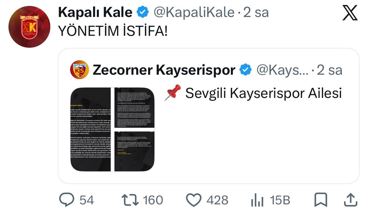 Kayserispor'da Taraftarından İstifa Tepkisi
