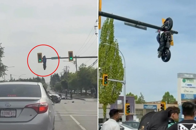 Kazayı gören gözlerine inanamadı! Motosiklet trafik ışığında asılı kaldı