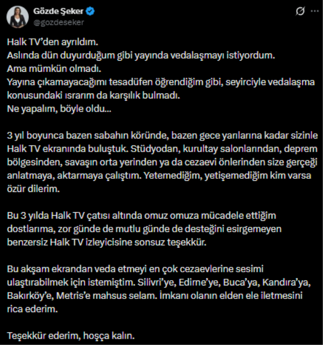 Gözde Şeker, veda edeceğini duyurduğu Halk TV'deki son yayınına çıkamadı