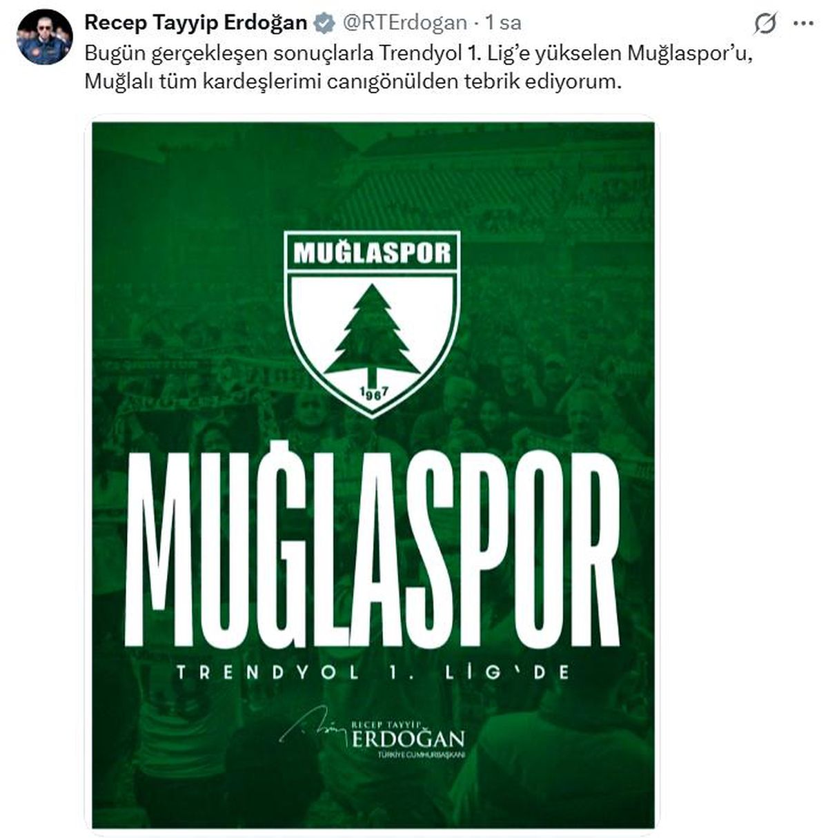 Cumhurbaşkanı Erdoğan\'dan Muğlaspor\'a tebrik mesajı
