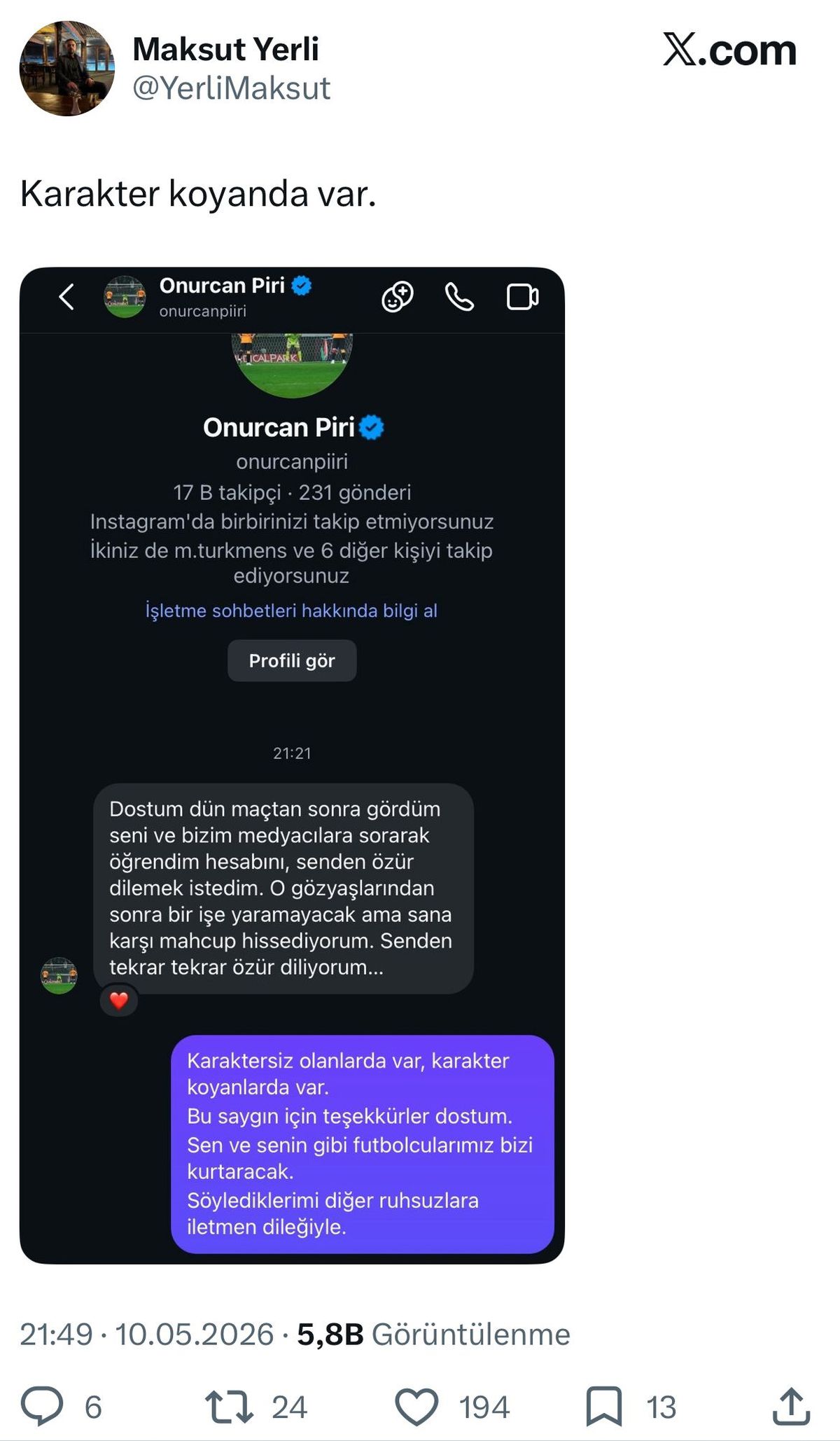 Onurcan Piri\'den Taraftara Özür Mesajı