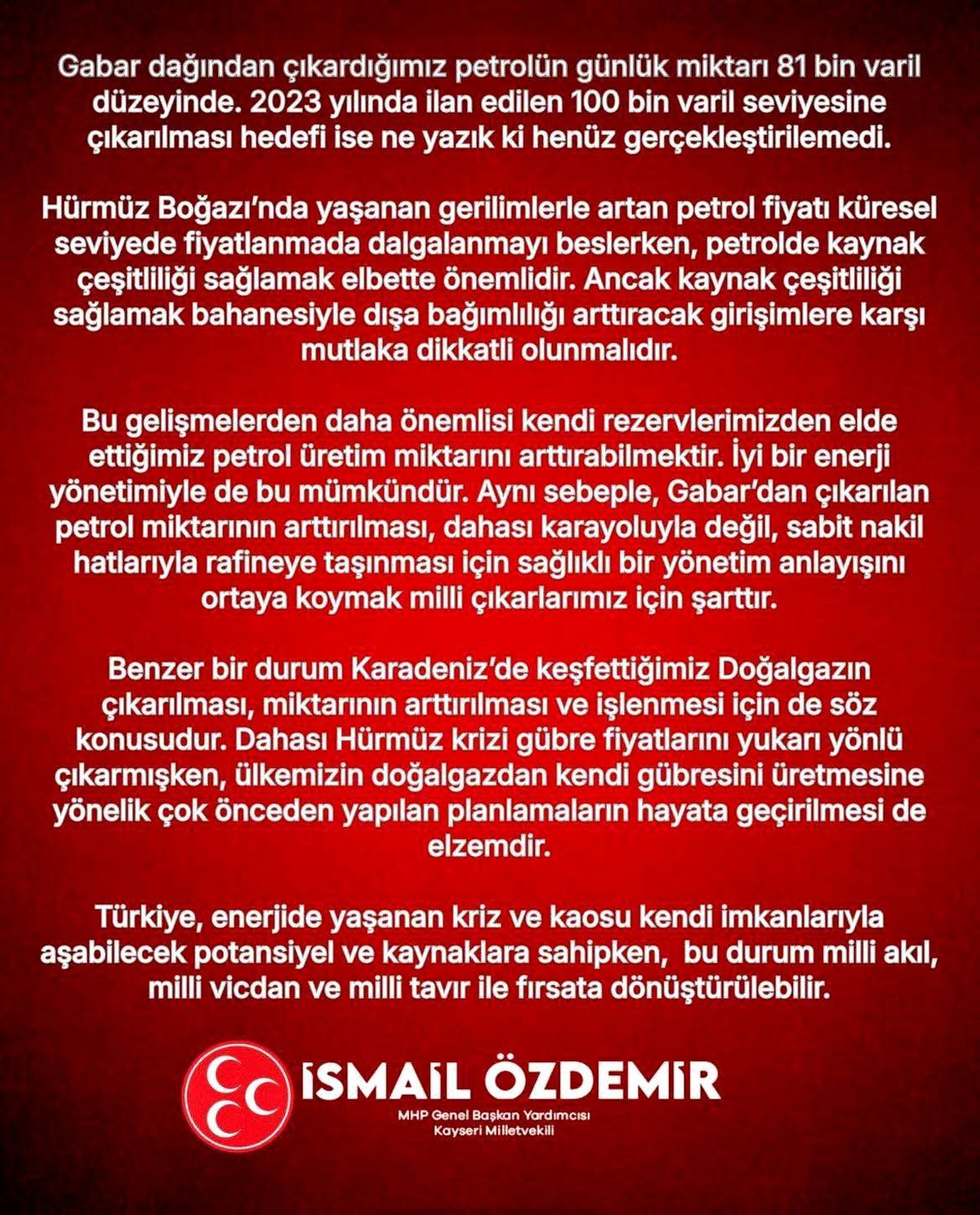 MHP\'li Özdemir\'den Enerji Yönetimi Vurgusu