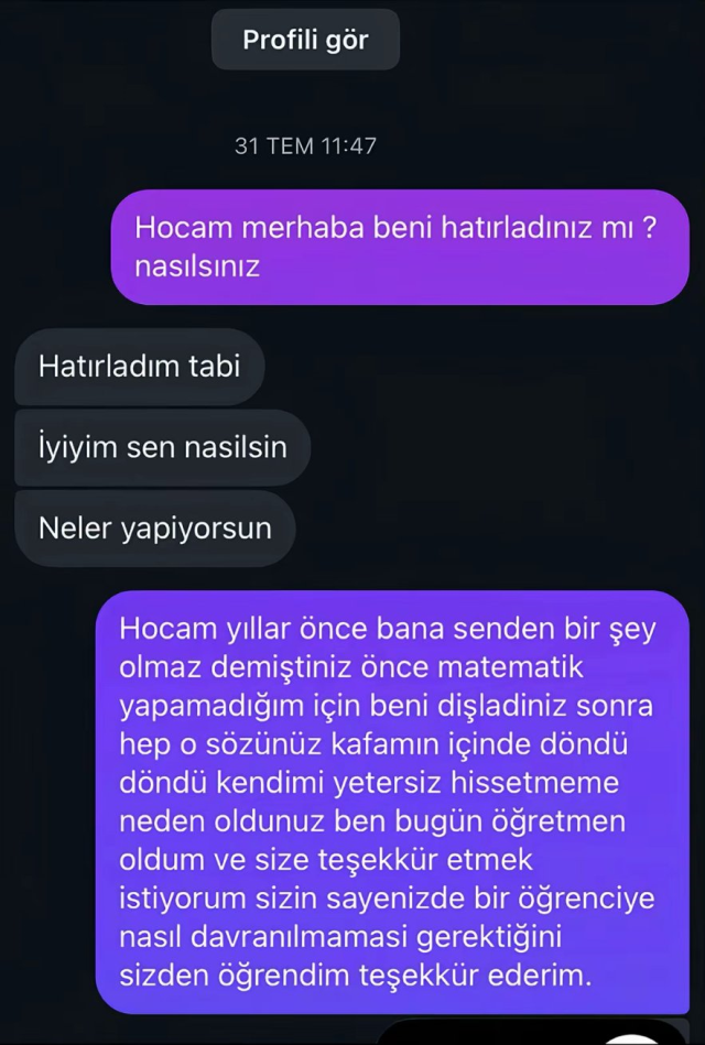 Genç kadının ortaokul öğretmenine attığı mesaj olay oldu