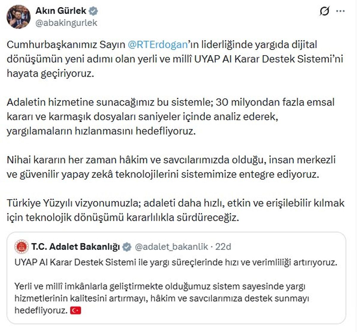 Bakan Gürlek: UYAP Al Karar Destek Sistemi\'ni hayata geçiriyoruz