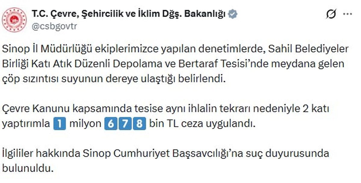 Sinop\'ta Çöp Sızıntısına 1.6 Milyon TL Ceza